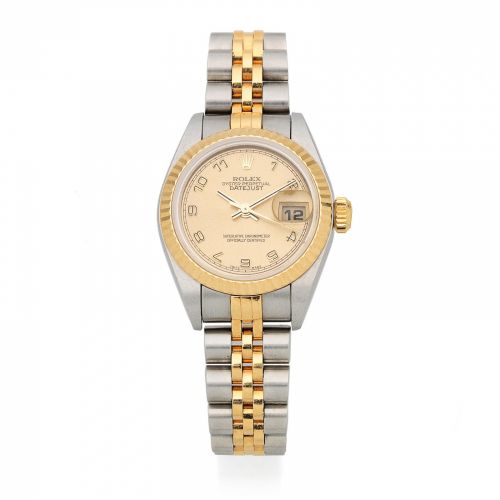 Rolex. A lady's stainless steel and gold automatic calendar bracelet watch