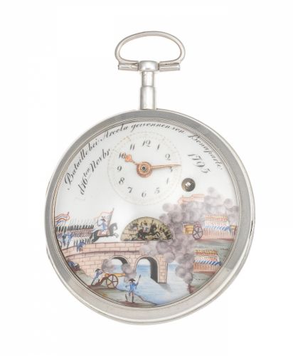 A silver key wind open face automaton pocket watch depicting the Battle of Arcola