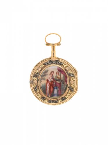 Berthoud, Paris. A continental gold key wind open face pocket watch with enamel decoration