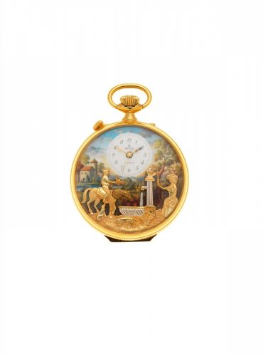 Reuge. A gold plated keyless wind musical automaton open face pocket watch