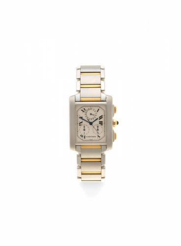 Cartier. A stainless steel and gold quartz calendar chronograph bracelet watch