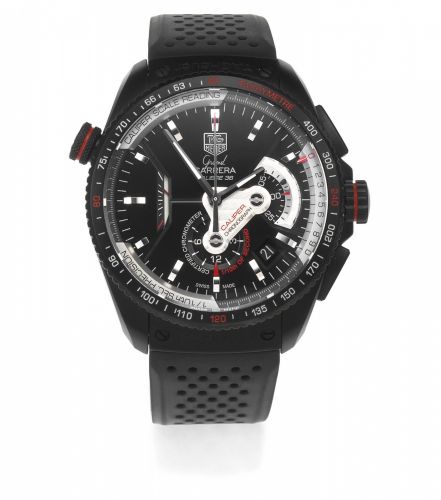 TAG Heuer. A black DLC coated stainless steel automatic calendar chronograph wristwatch with caliper scale reading