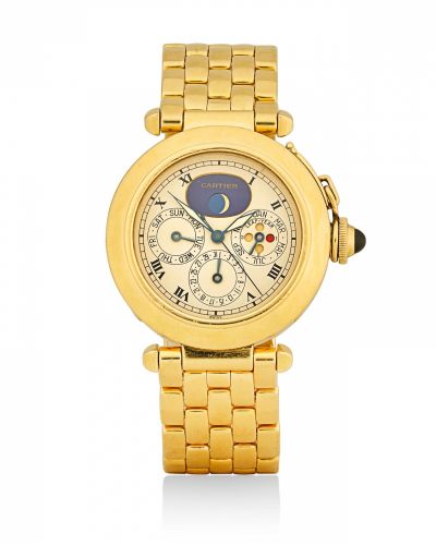 Cartier. AN 18K GOLD unusual MECA-QUARTZ WRISTWATCH with PERPETUAL CALENDAR and moonphase DESIGNED BY GÉRALD GENTA