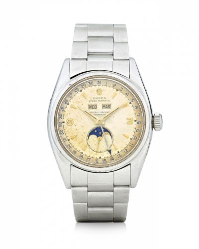 Rolex. An Extremely rare and historically important stainless steel 'Explorer 3-9 dial' Automatic wristwatch with triple calendar and moonphase
