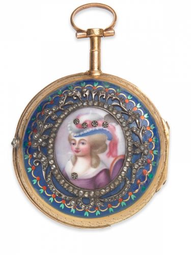 Romilly, Paris. A continental gold key wind open face pocket watch with enamel portrait miniature