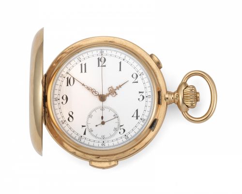 Le Phare. A continental gold keyless wind minute repeating chronograph full hunter pocket watch