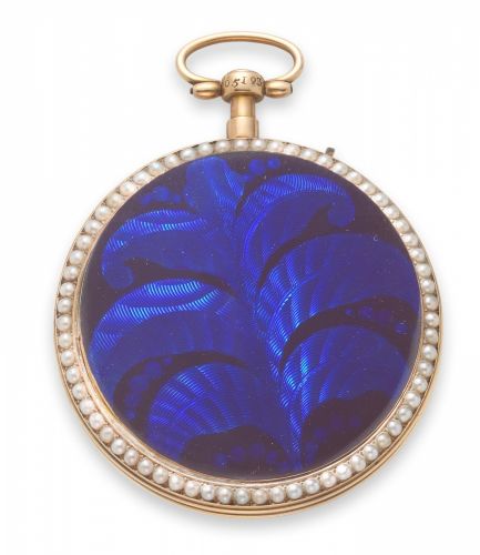 Roux Bordier Roman Co. A gilt metal, enamel and seed pearl set key wind open face pocket watch