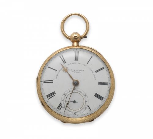 John Forrest, London. An 18K gold key wind open face pocket watch