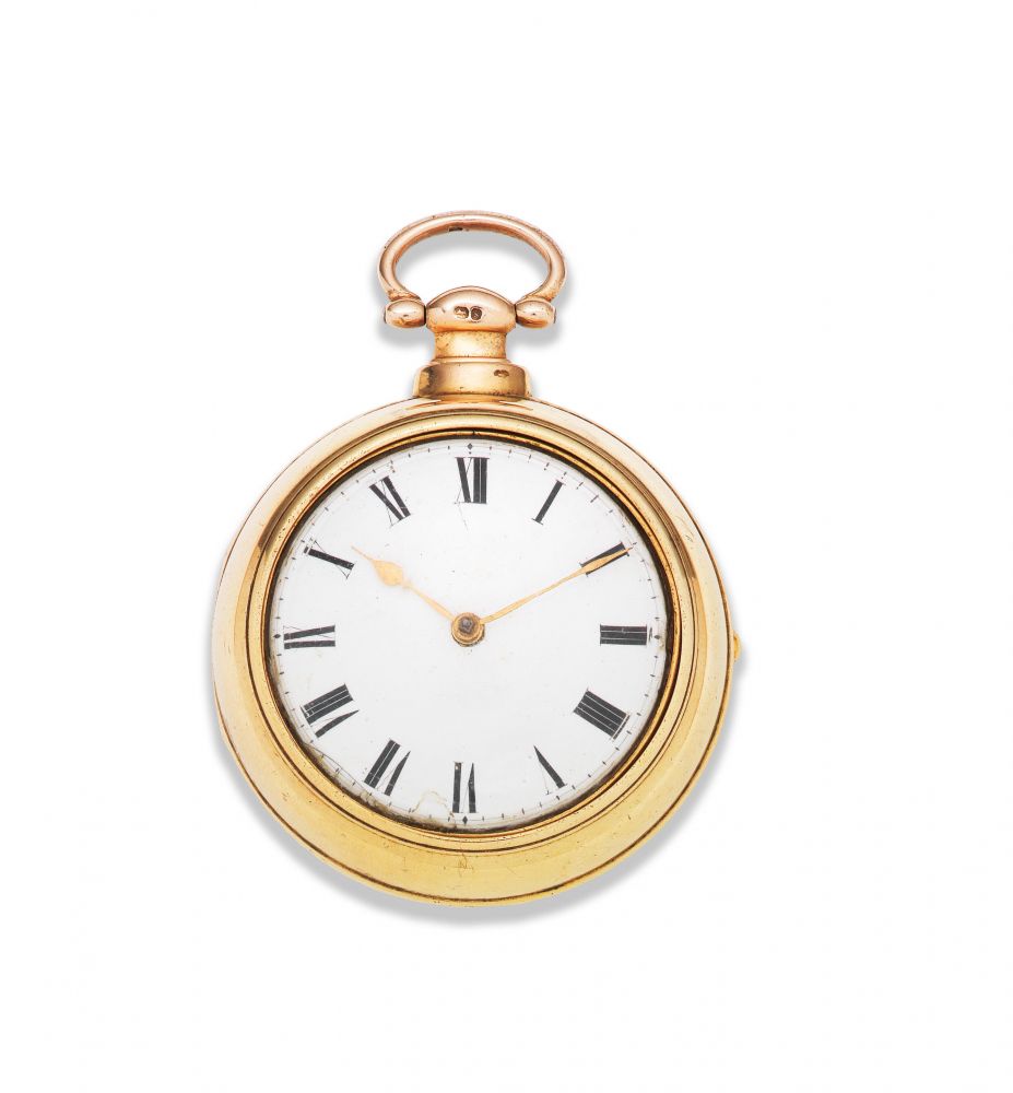 Henry Ladbrook, Lilburn. A silver gilt and gilt brass key wind pair case clock watch