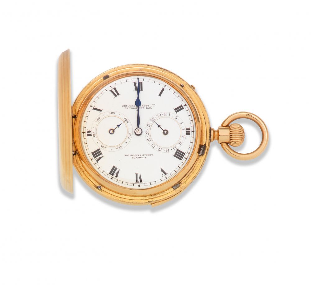 Sir John Bennett Ltd, 65 Cheapside E.C. 105 Regent St, London. W. An 18K gold keyless wind calendar quarter repeating full hunter pocket watch