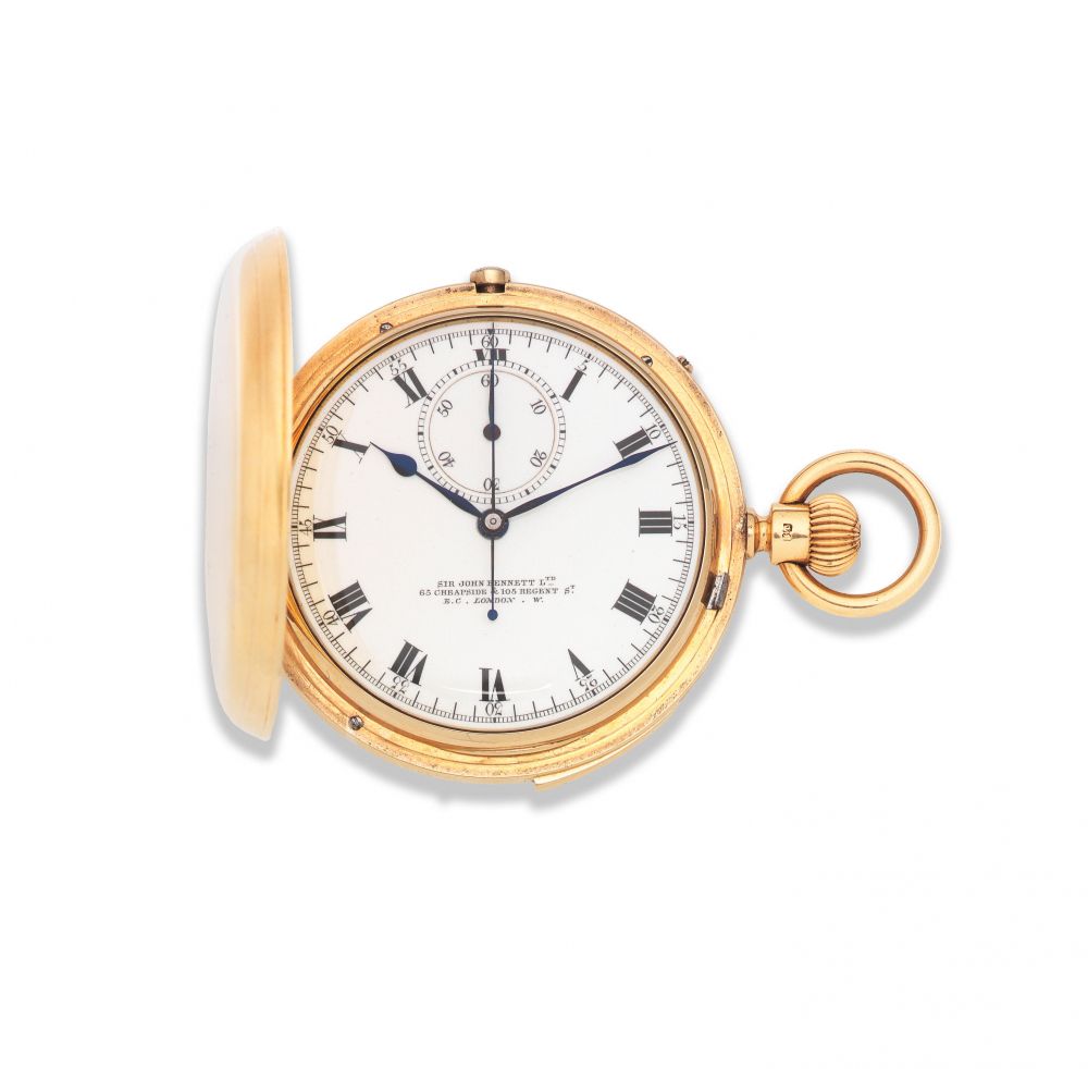 Sir John Bennett, 65 64 Cheapside, London. A good 18K gold keyless wind chronograph quarter repeating full hunter pocket watch