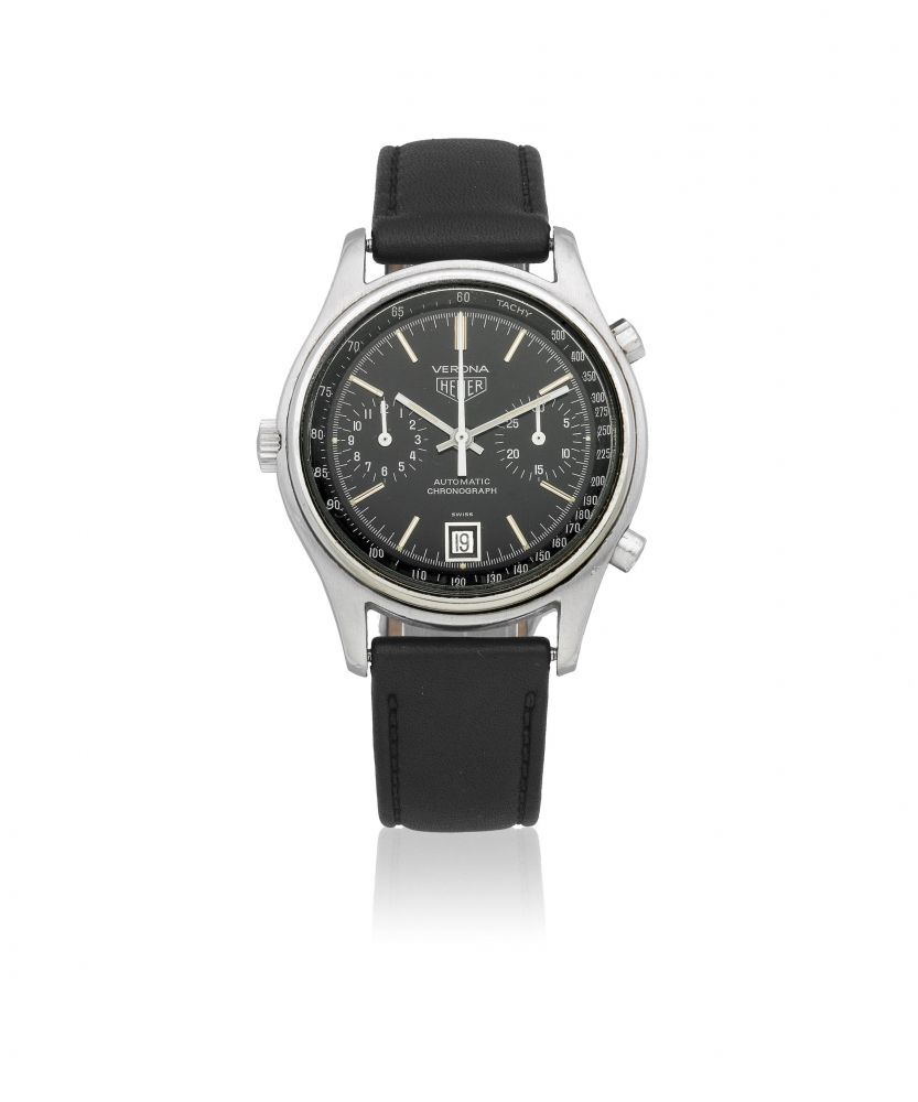 Heuer. A stainless steel calendar chronograph wristwatch