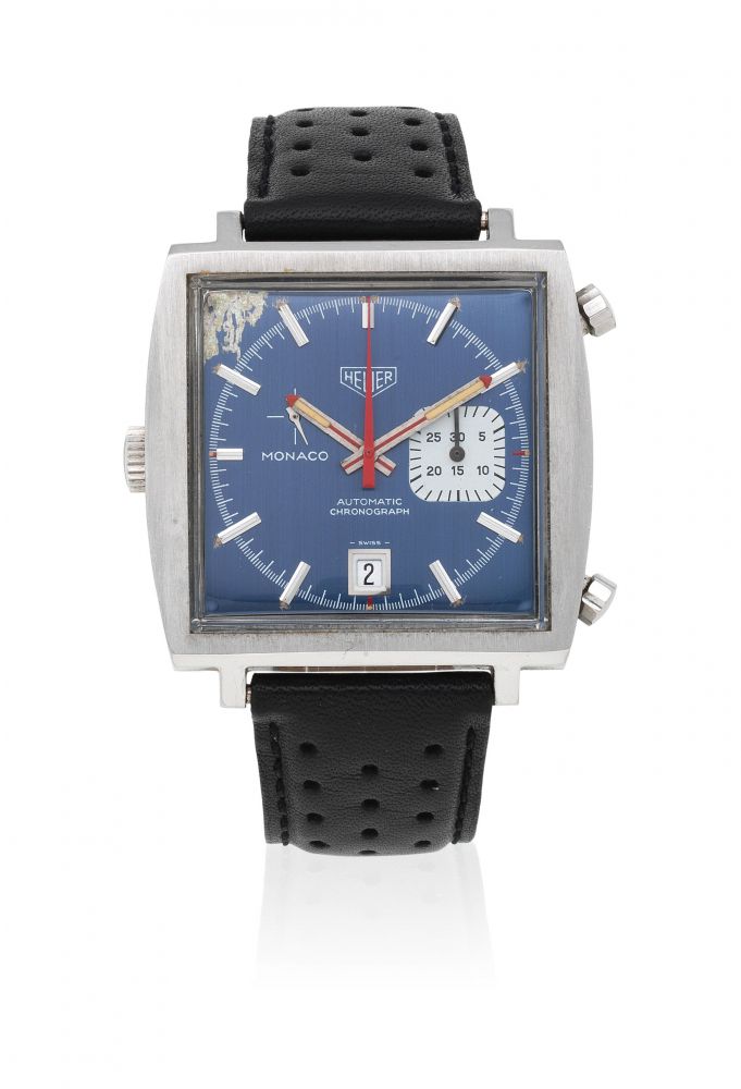 Heuer. A stainless steel automatic calendar chronograph square wristwatch