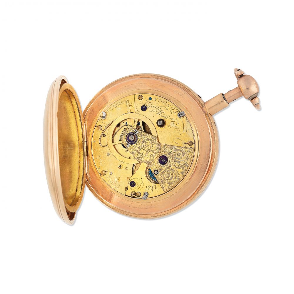 Desbois Wheeler, London. An 18K gold key wind quarter repeating open face pocket watch