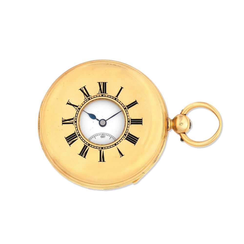 Hunt Roskell, 156 New Bond St, London. An 18K gold key wind minute repeating half hunter pocket watch with duplex escapement