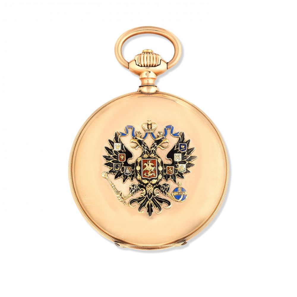 Paul Buhre. A 14K gold keyless wind full hunter pocket watch with applied Russian two headed eagle crest