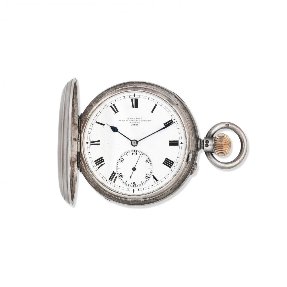 R. Webster, 91 Gracechurch St, London. A silver keyless wind full hunter karousel pocket watch