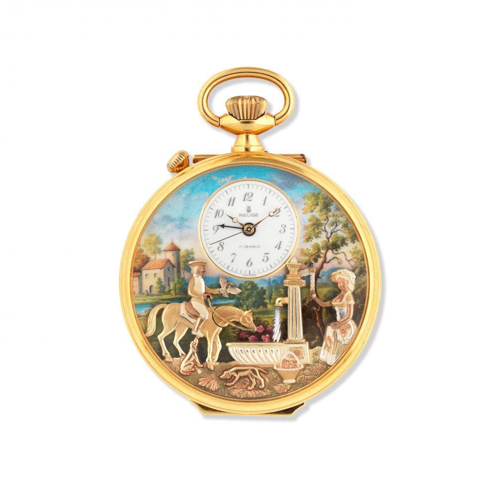 Reuge. A gold plated keyless wind musical automaton open face pocket watch