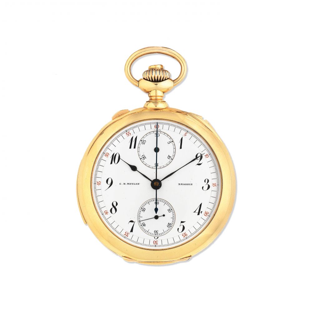 C.H. Meylan, Brassus. An 18K gold open face repeating chronograph pocket watch