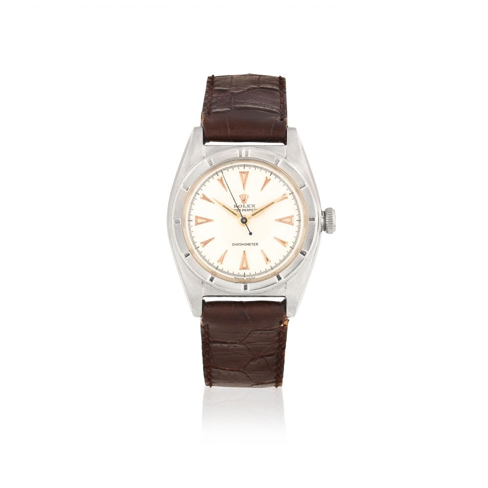 Rolex. A mid-size stainless steel automatic bubble back wristwatch
