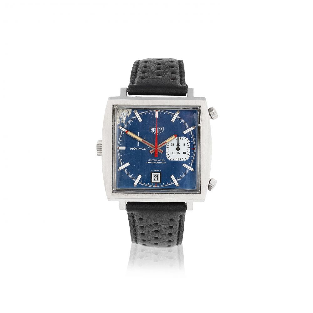 Heuer. A stainless steel automatic calendar chronograph square wristwatch