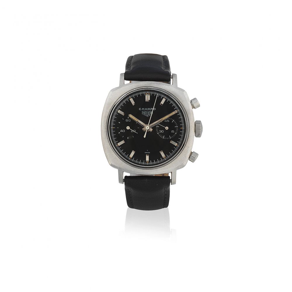 Heuer. A stainless steel manual wind chronograph cushion form wristwatch