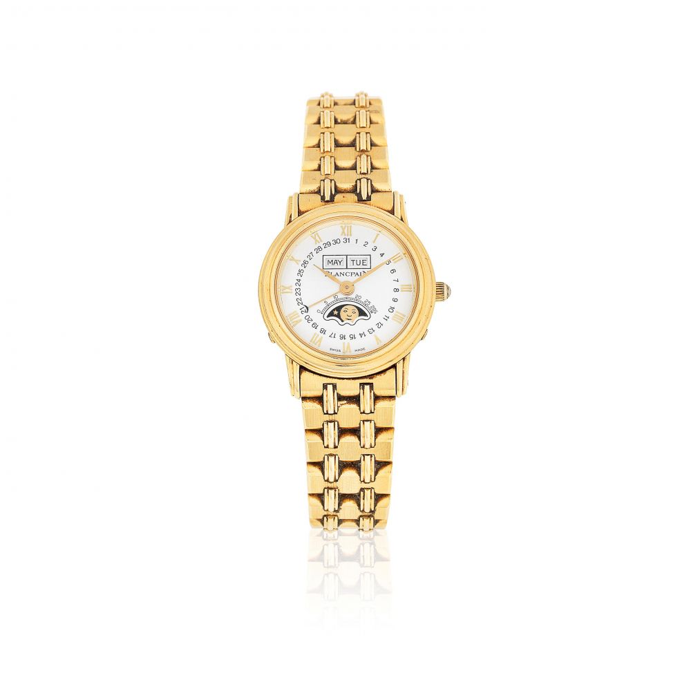 Blancpain. A lady's 18K gold automatic annual triple calendar bracelet watch with moon phase