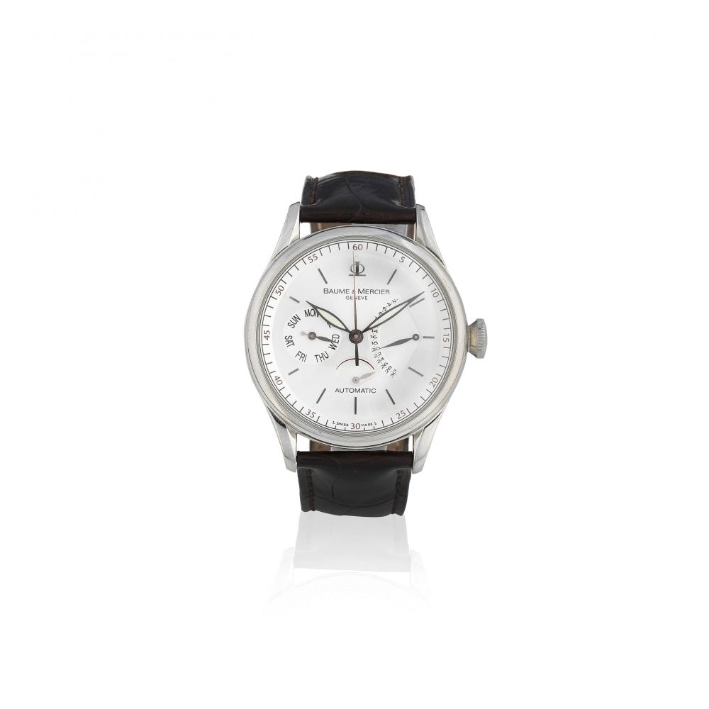 Baume Mercier. A stainless steel automatic calendar wristwatch with power reserve