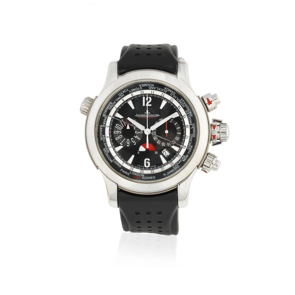Jaeger-LeCoultre. A stainless steel automatic calendar chronograph wristwatch with world time