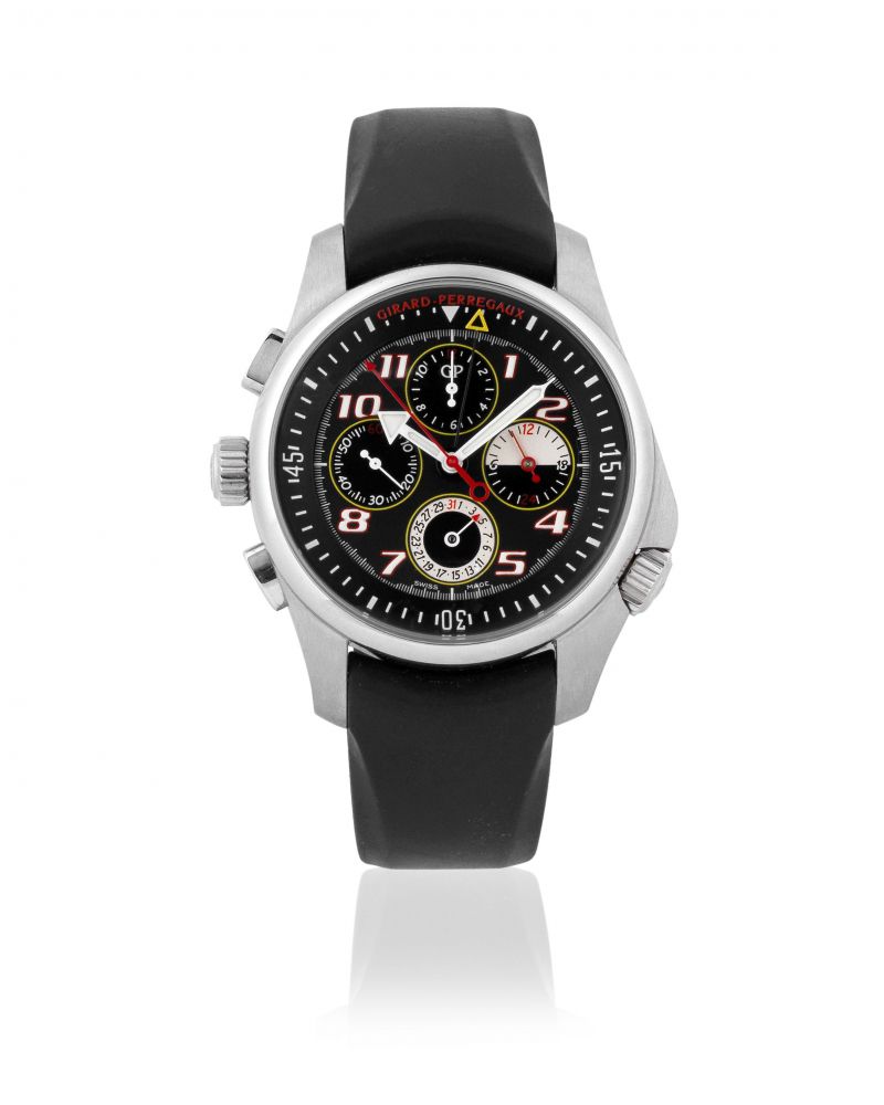 Girard Perregaux. A stainless steel automatic calendar chronograph wristwatch