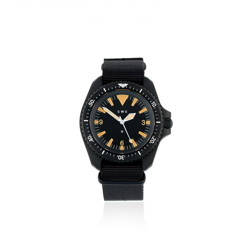 CWC. A black DLC coated military stainless steel automatic wristwatch