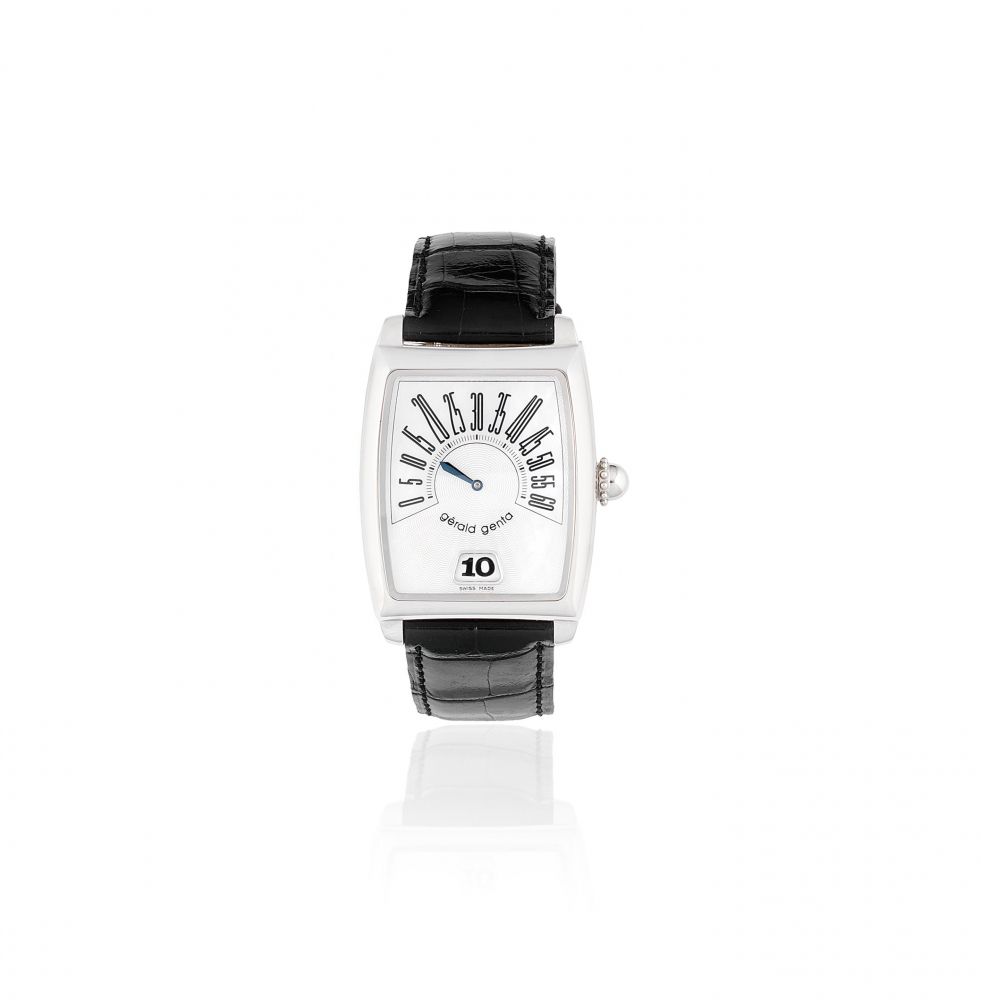 Gerald Genta. A stainless steel automatic jump hour wristwatch with mother of pearl dial