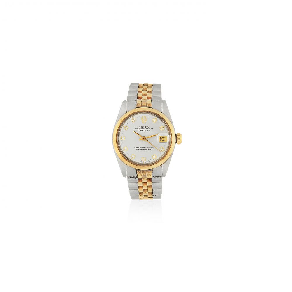 Rolex. A lady's stainless steel and gold automatic calendar bracelet watch