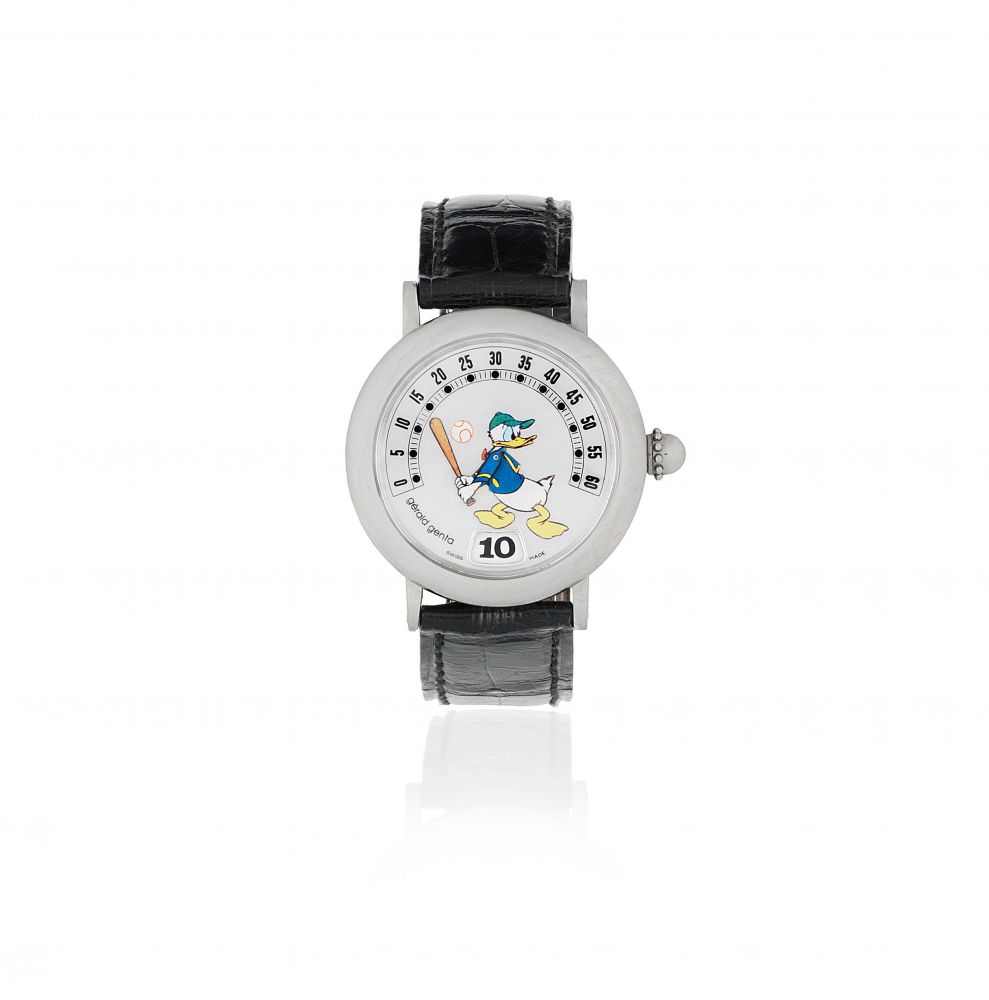 Gerald Genta. A stainless steel automatic jump hour wristwatch with retrograde minutes and mother of pearl dial