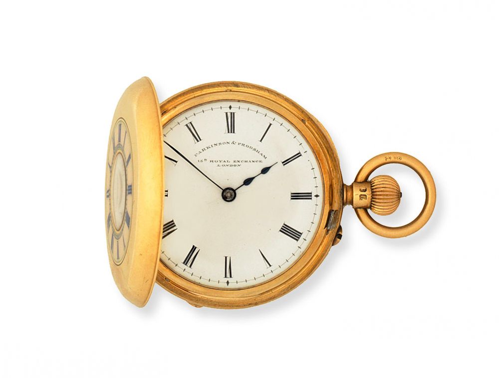 Parkinson Frodsham, 15B Royal Exchange, London. An 18K gold keyless wind half hunter pocket watch
