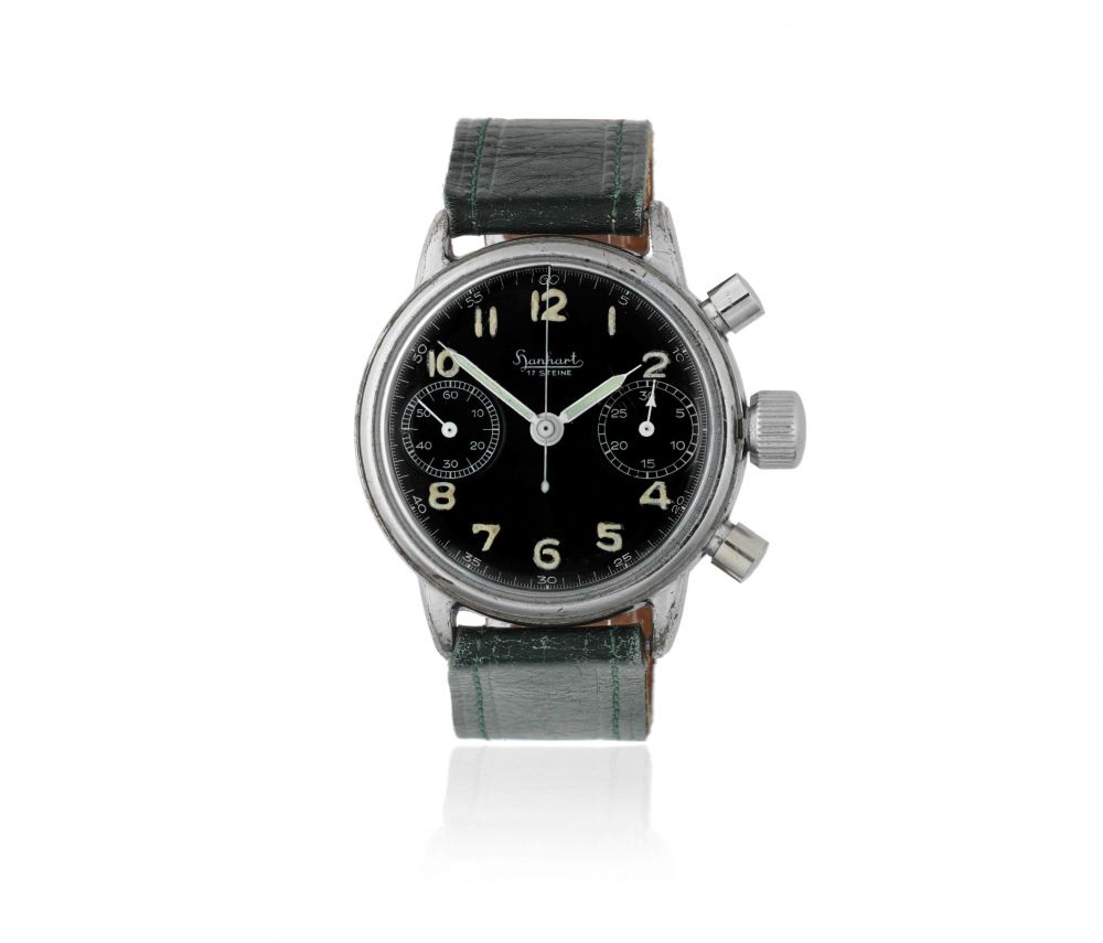 Hanhart. A nickel plated manual wind chronograph military wristwatch
