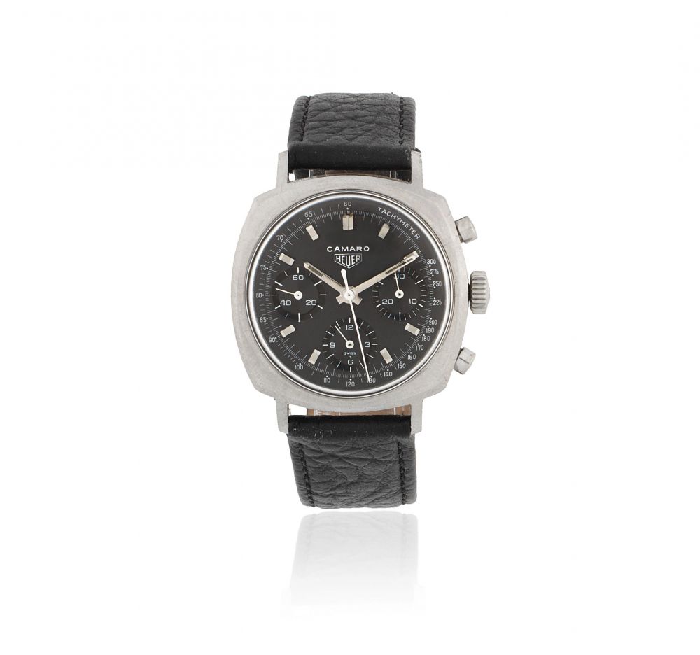 Heuer. A stainless steel manual wind chronograph cushion form wristwatch