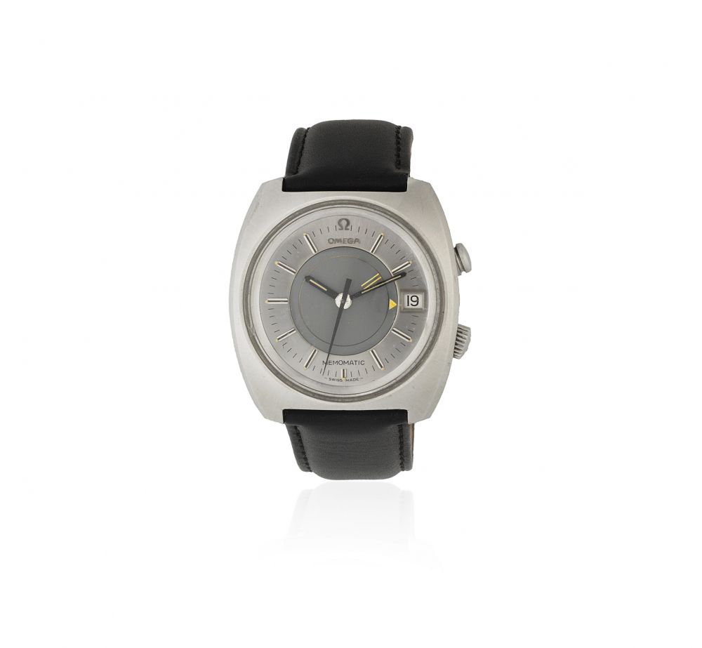 Omega. A stainless steel automatic calendar wristwatch with alarm