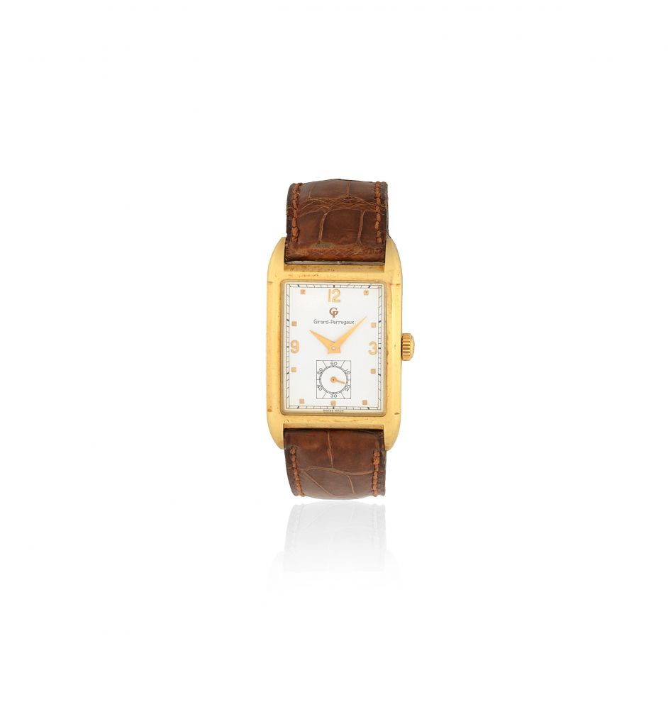 Girard Perregaux. An 18K gold manual wind rectangular wristwatch