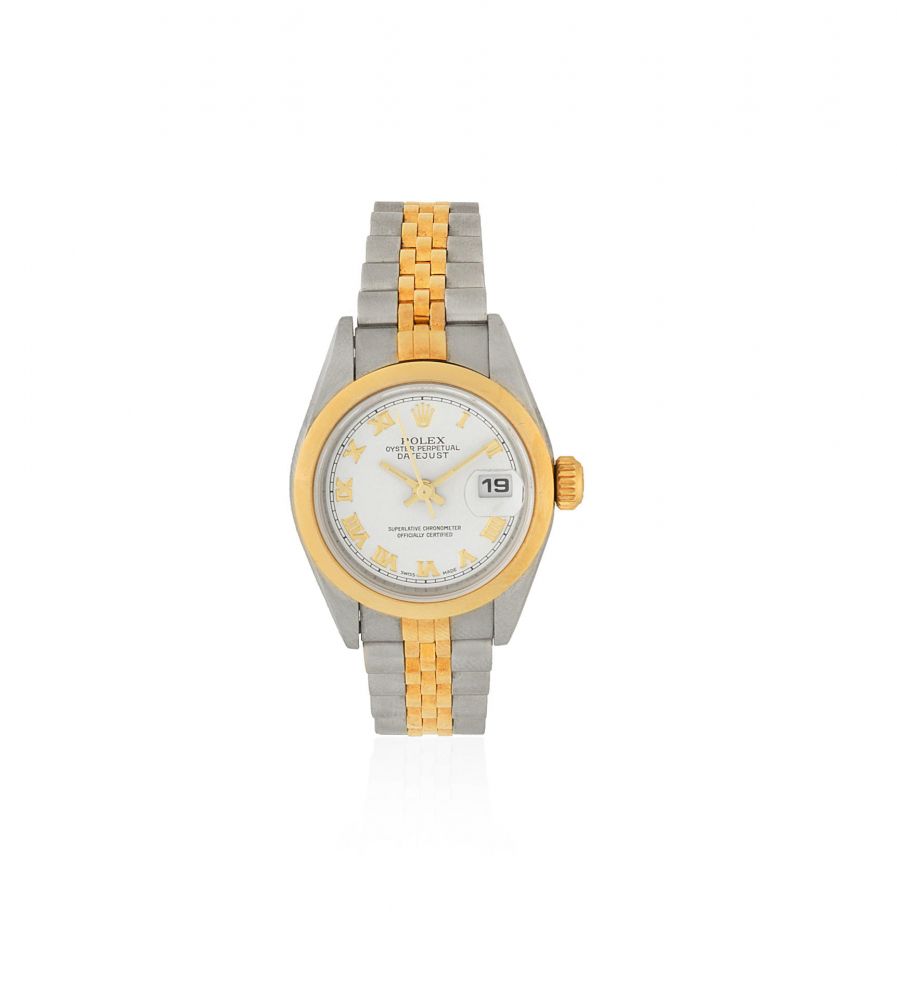 Rolex. A lady's stainless steel and gold automatic calendar bracelet watch