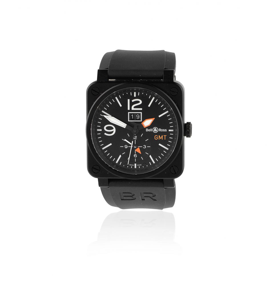 Bell Ross. A black PVD coated stainless steel automatic calendar wristwatch with dual time zone