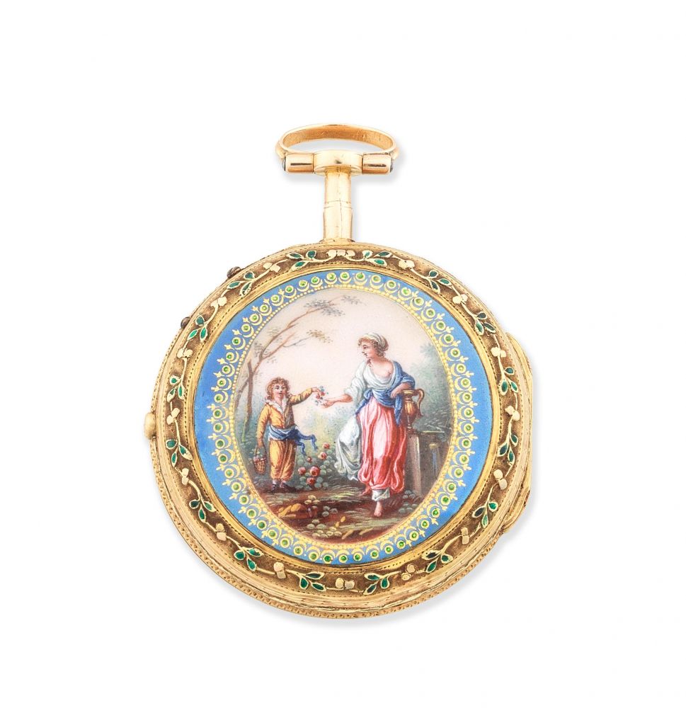 J. Coulin Amy Bry. A continental gold key wind pair case pocket watch with enamel decoration