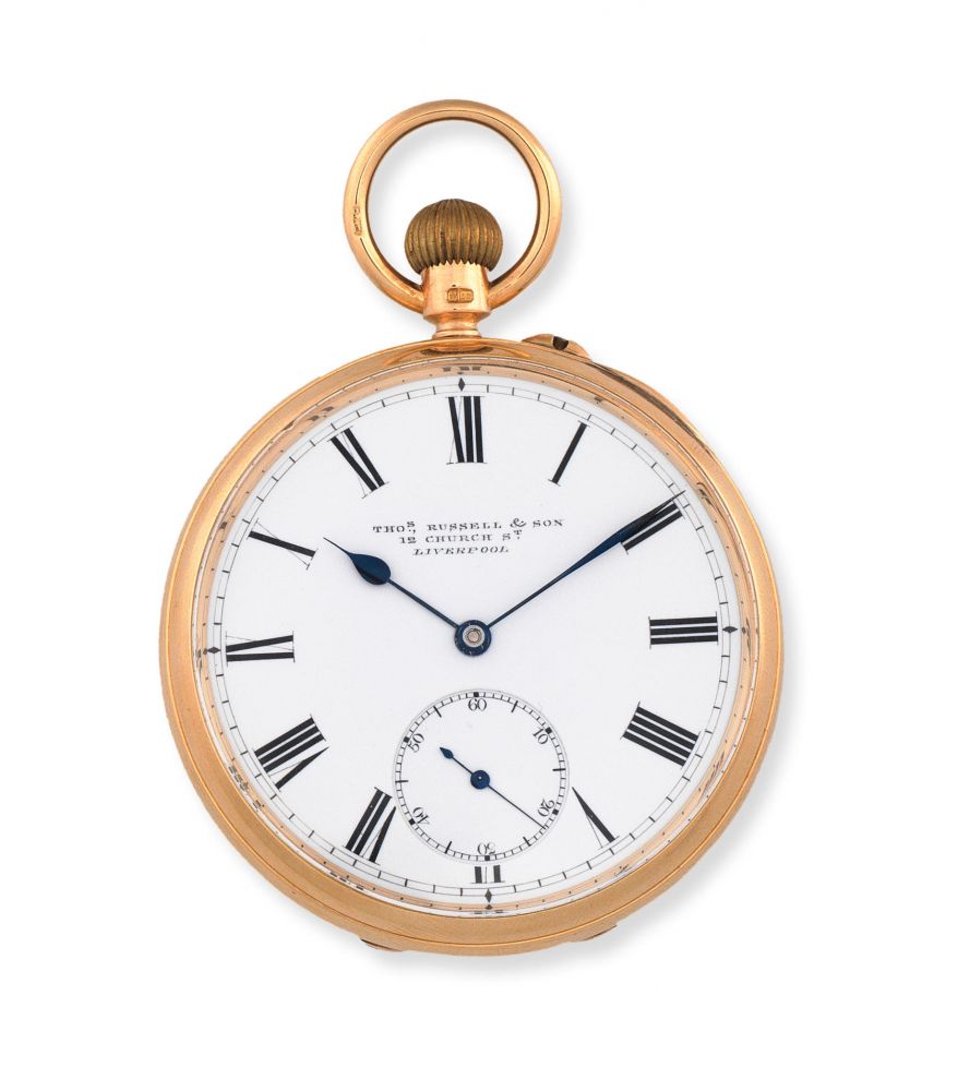 Thomas Russell Son, 12 Church St, Liverpool. An 18K gold keyless wind open face pocket watch