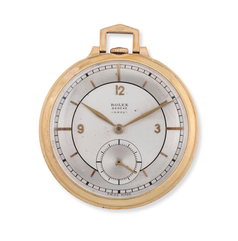 Rolex. A 9K gold keyless wind open face pocket watch retailed by Asprey