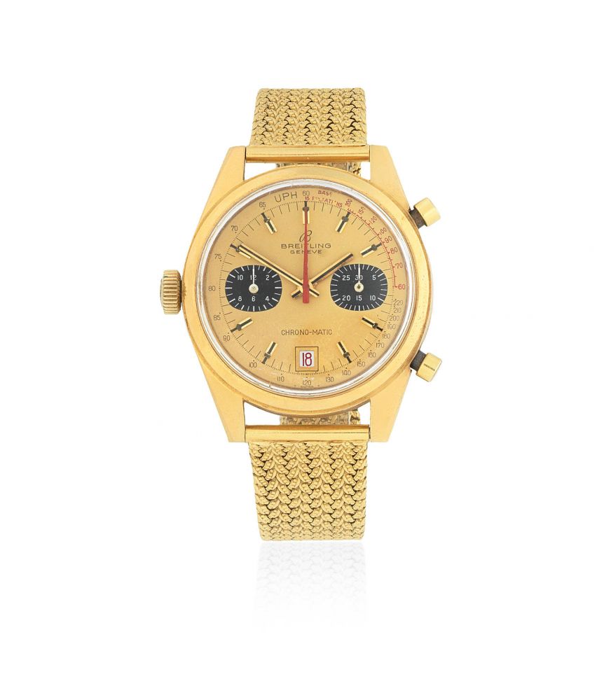 Breitling. An 18K gold automatic calendar chronograph bracelet watch