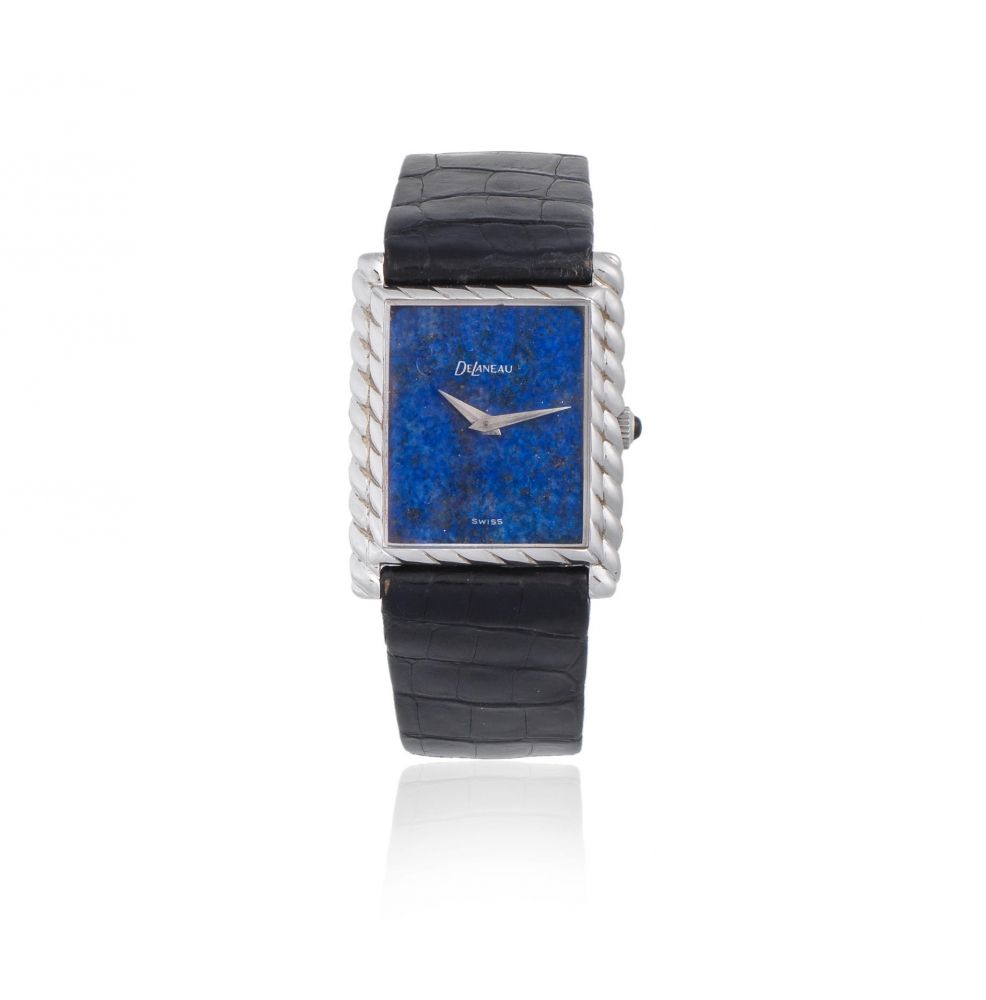 Delaneau. A lady's 18K white gold manual wind rectangular wristwatch with lapis lazuli dial