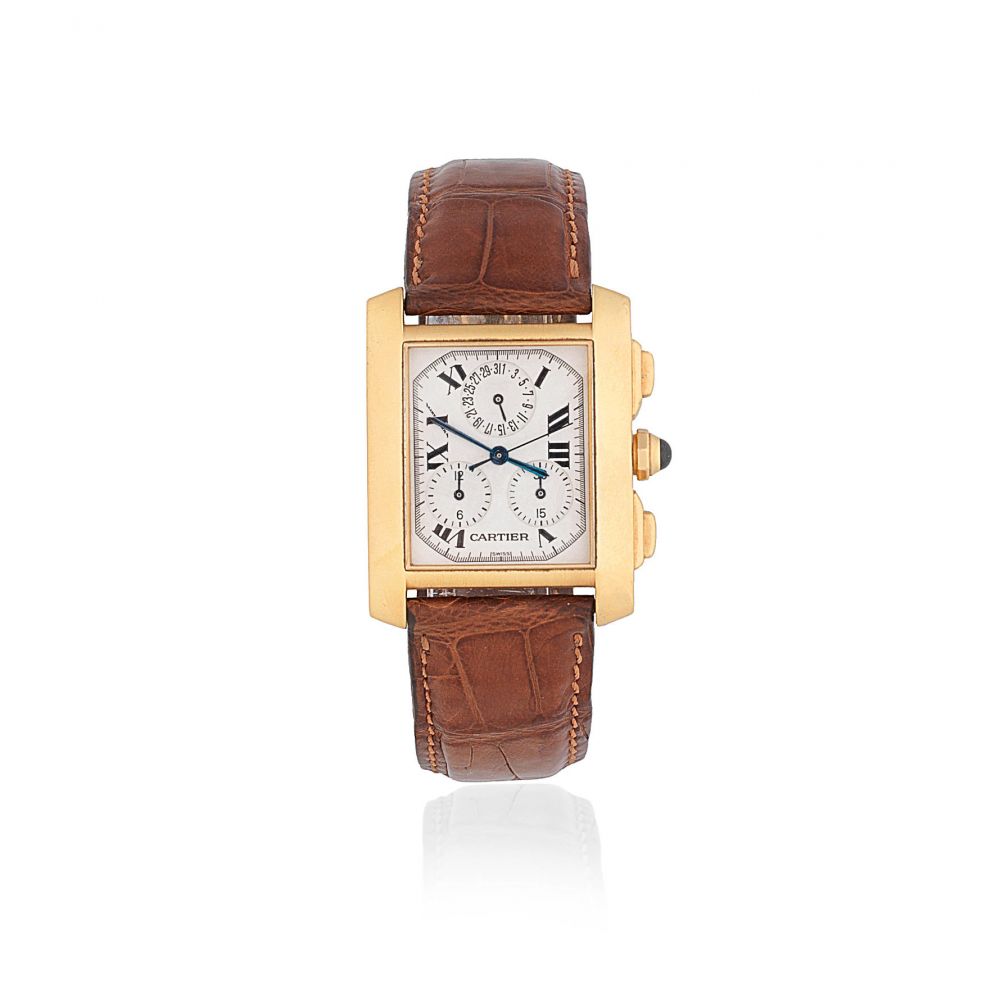 Cartier. An 18K gold quartz chronograph rectangular wristwatch