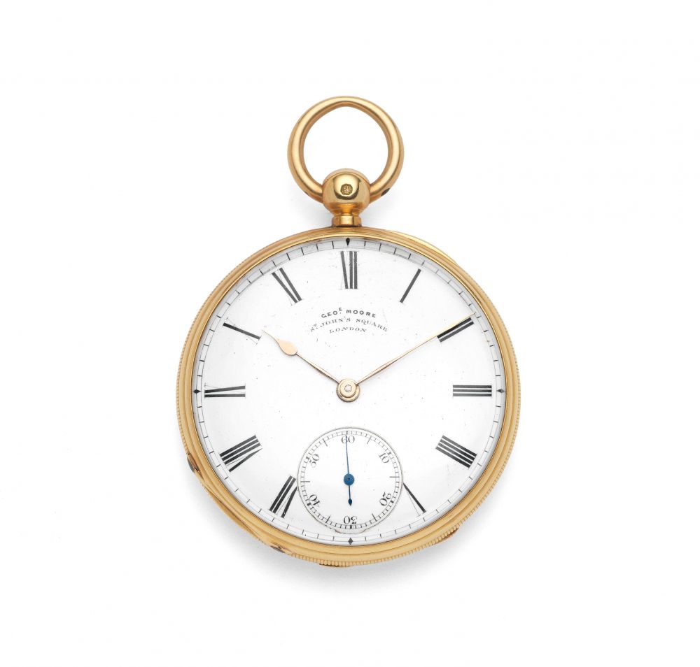 George Moore, St. John's Square, London. An 18K gold key wind open face pocket watch