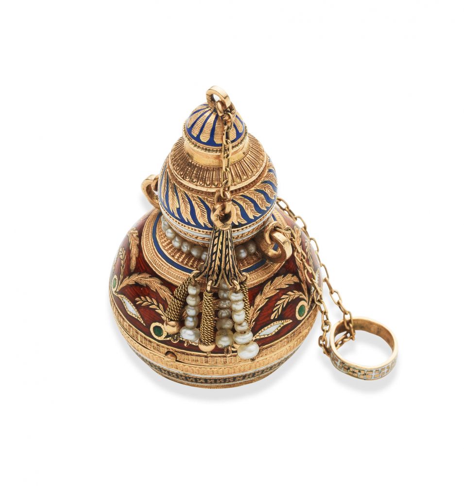 Gruber, Vienna. A fine and rare continental gold key wind concealed watch in the form of a perfume bottle with polychrome enamel and pearl decoration