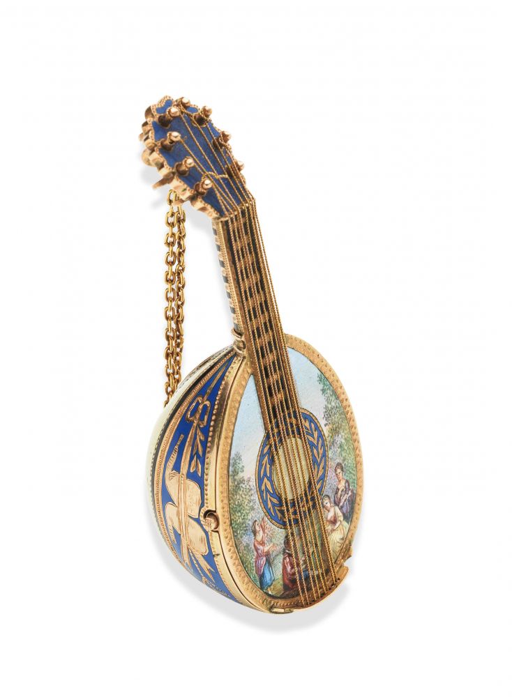 Johan Jacob Hechel, in Wien. A fine and rare continental gold key wind concealed watch in the form of a mandolin with polychrome enamel decoration